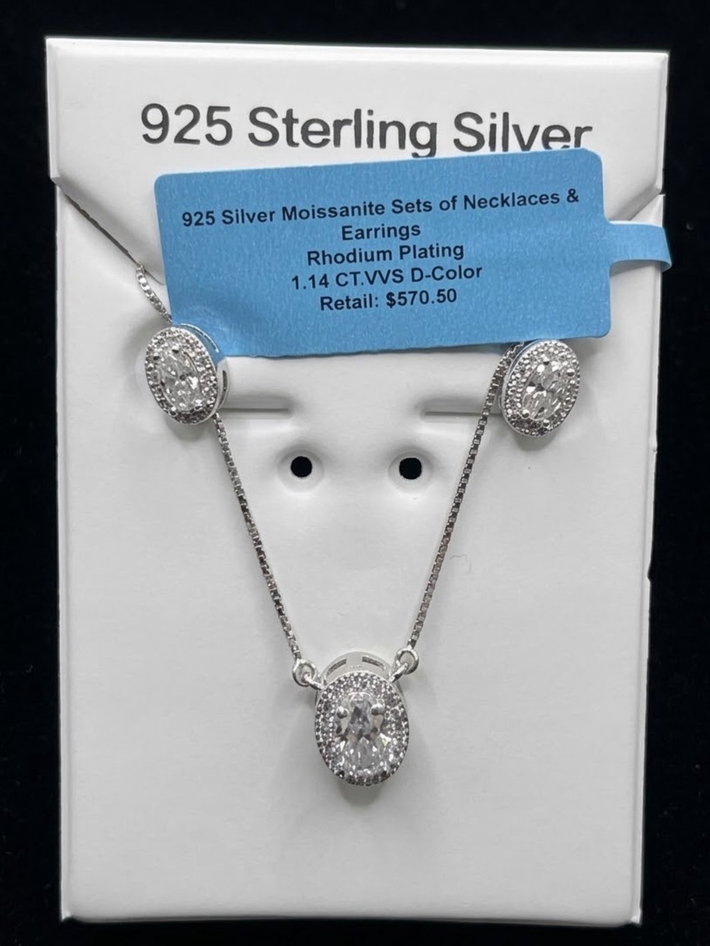 NWT .925 Sterling Silver 1.14CTW D Color Moissanite Oval Halo Necklace Earrings
